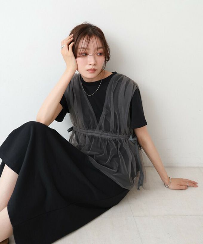 日本 Bab - 層次設計感薄紗拼接短袖洋裝-象牙