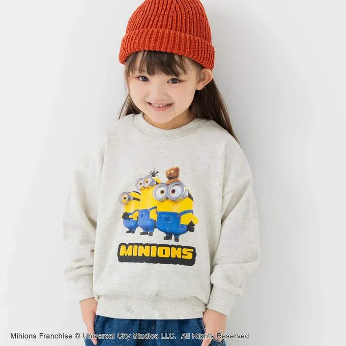 日本 Chil2 - 限量聯名 裏毛印花大學長袖上衣-卡通人物小小兵-三人組-海軍藍