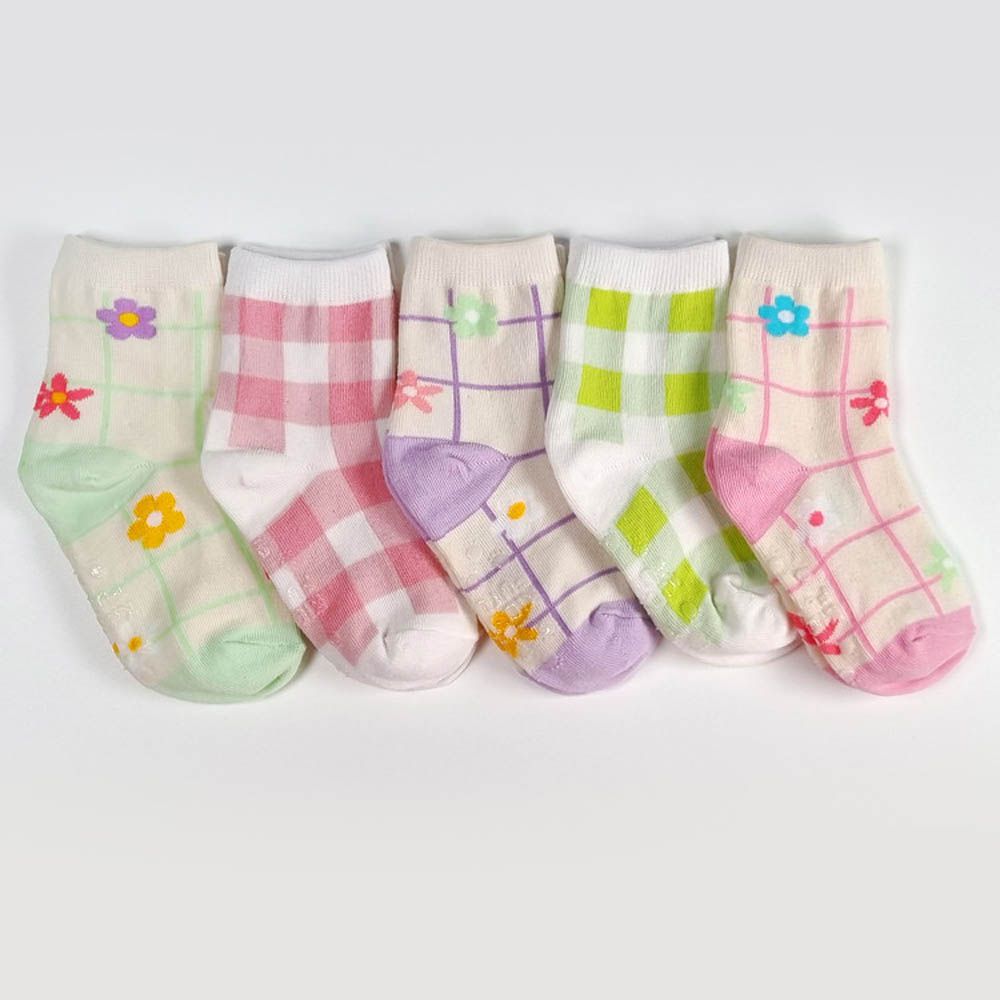 (五入組)韓製兒童中筒襪-色塊格紋X花彩