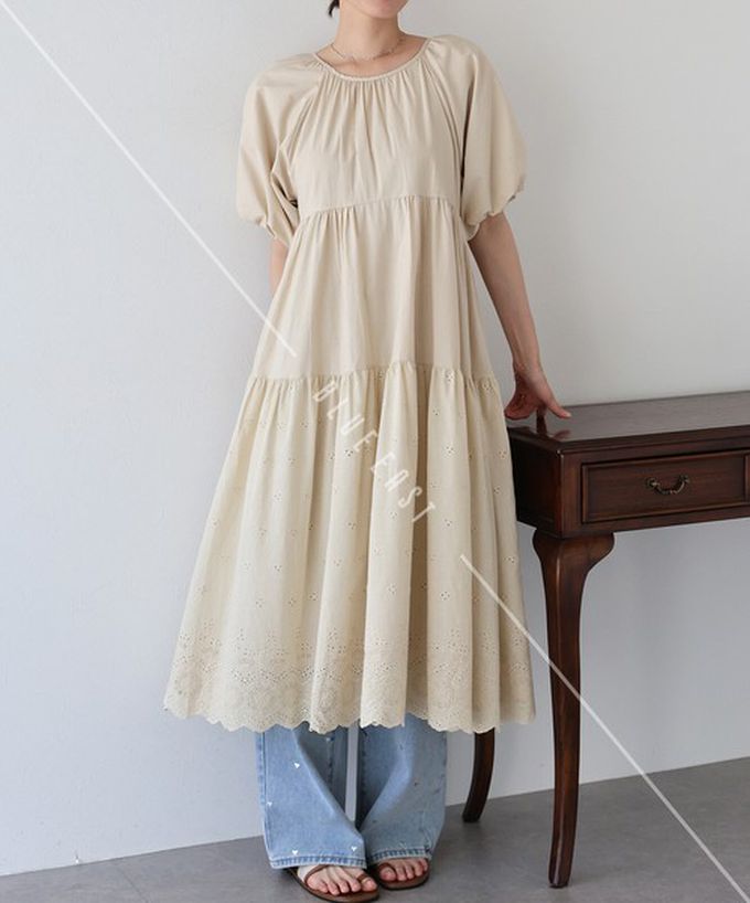 日本 BLUE EAST - 100%棉 下擺精緻蕾絲泡泡短袖洋裝-黑