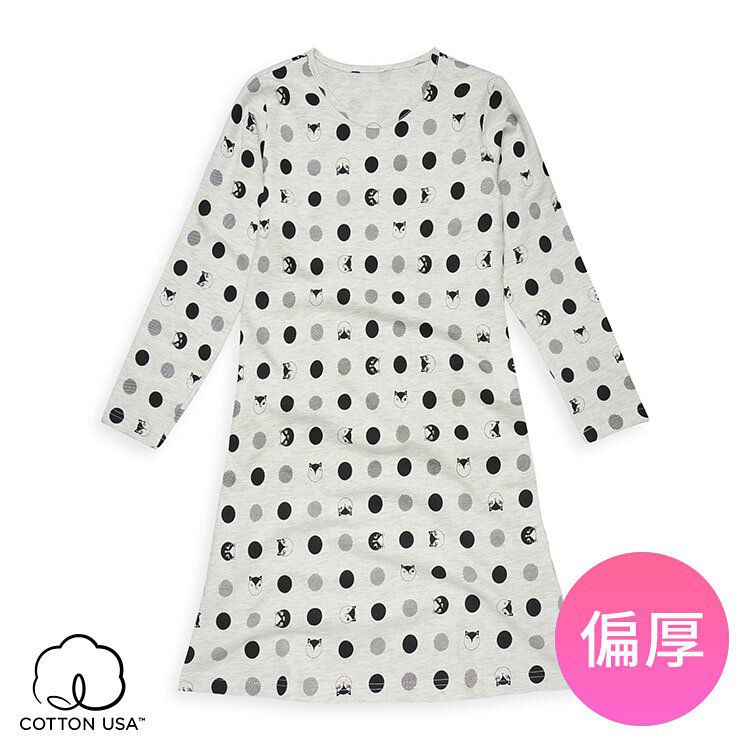 Annypepe - 女童點點貓細絨長袖居家洋裝-麻灰 (110-150cm)