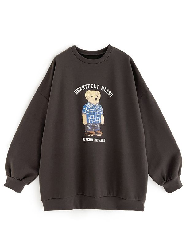 日本 GRL - 泰迪熊裏起毛長版休閒上衣-炭灰 (F)