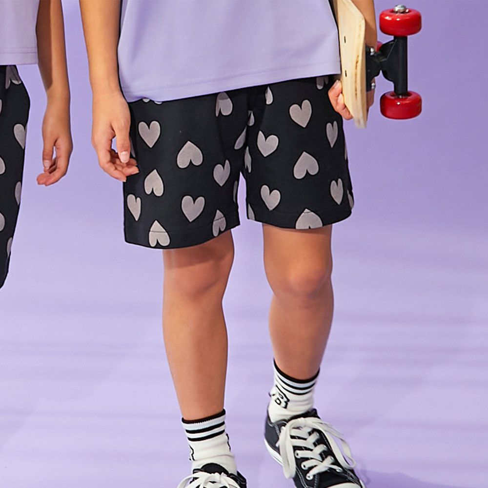 夏日印花純棉寬版短褲-愛心-黑x粉