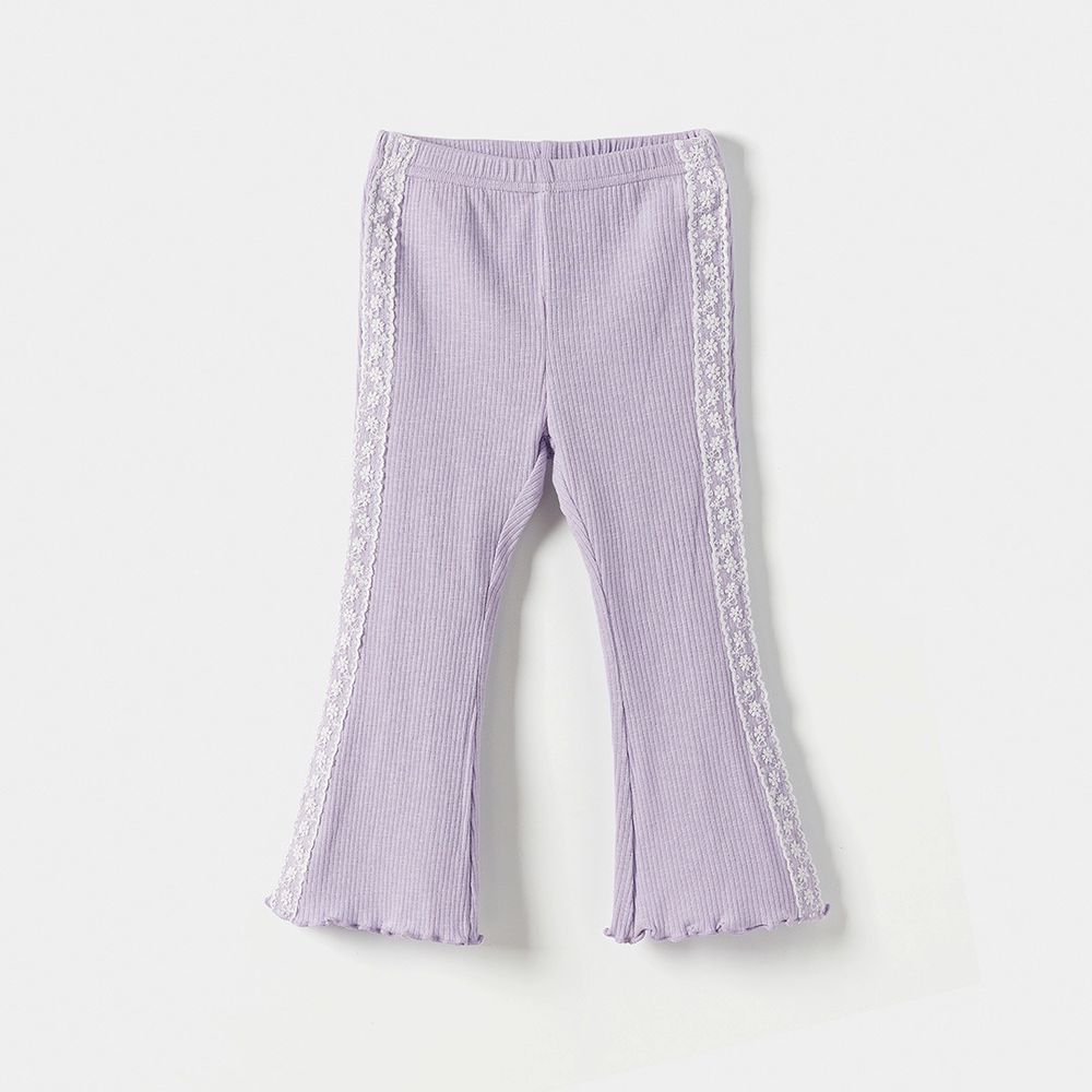 鬆緊腰蕾絲繡鑲邊彈力小喇叭褲-薰衣草紫