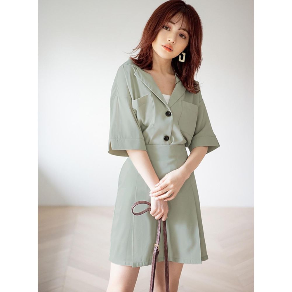 日本 GRL - 翻領短袖襯衫X顯瘦短裙兩件組-春芽綠