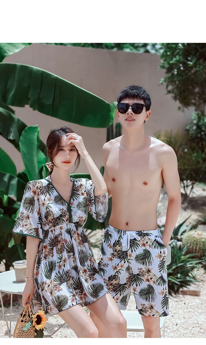 男士泳褲-復古葉片-棕+綠+白