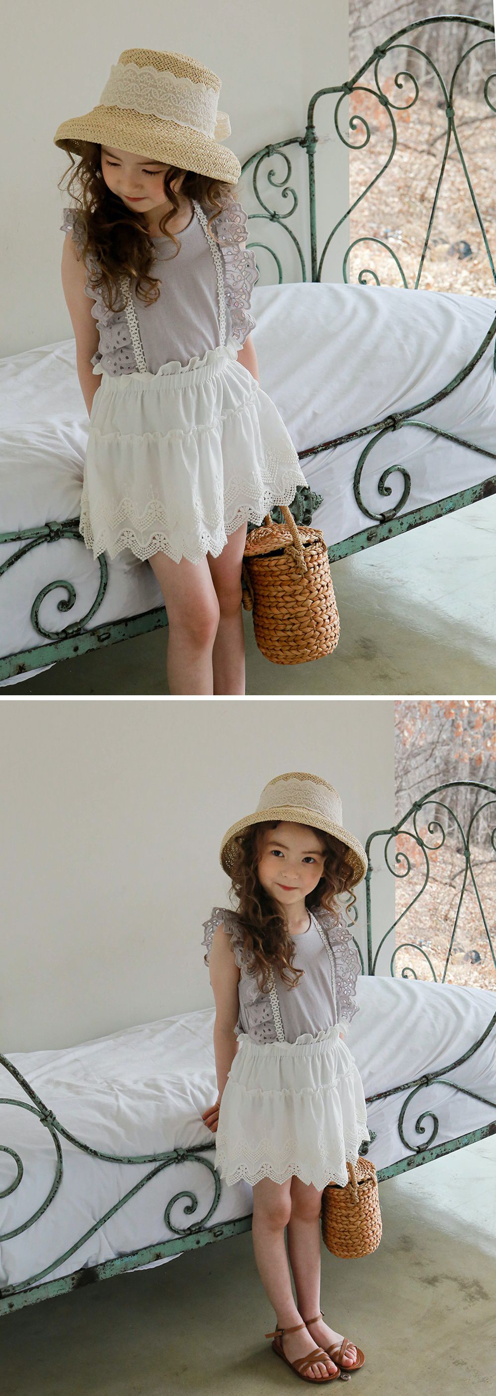 韓國 PuellaFLO - 鋸齒狀鏤空蕾絲綁帶吊帶裙-象牙白