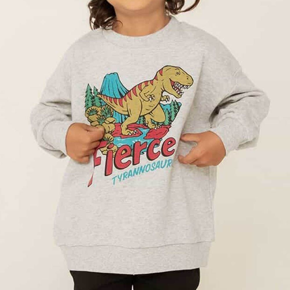 美式印花縮口長袖上衣-暴龍-淺灰