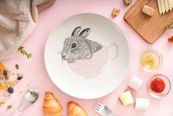 BLOOMINGVILLE - 北歐森林.兔來運轉系列-小碗二入（一藍一粉）： 直徑11.5 x 高6.5 cm  餐盤二入（一藍一粉）： 直徑 21 x 高 2 cm