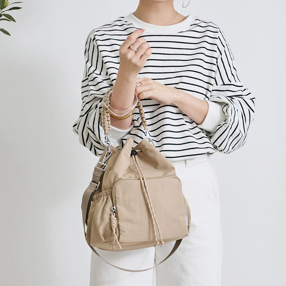 潑水加工 8口袋輕量抽繩尼龍手提/側背包-淺卡其