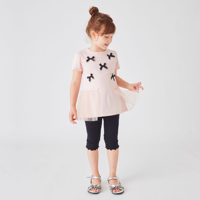 日本 evercloset - 蝴蝶結薄紗拼接短袖上衣-粉紅