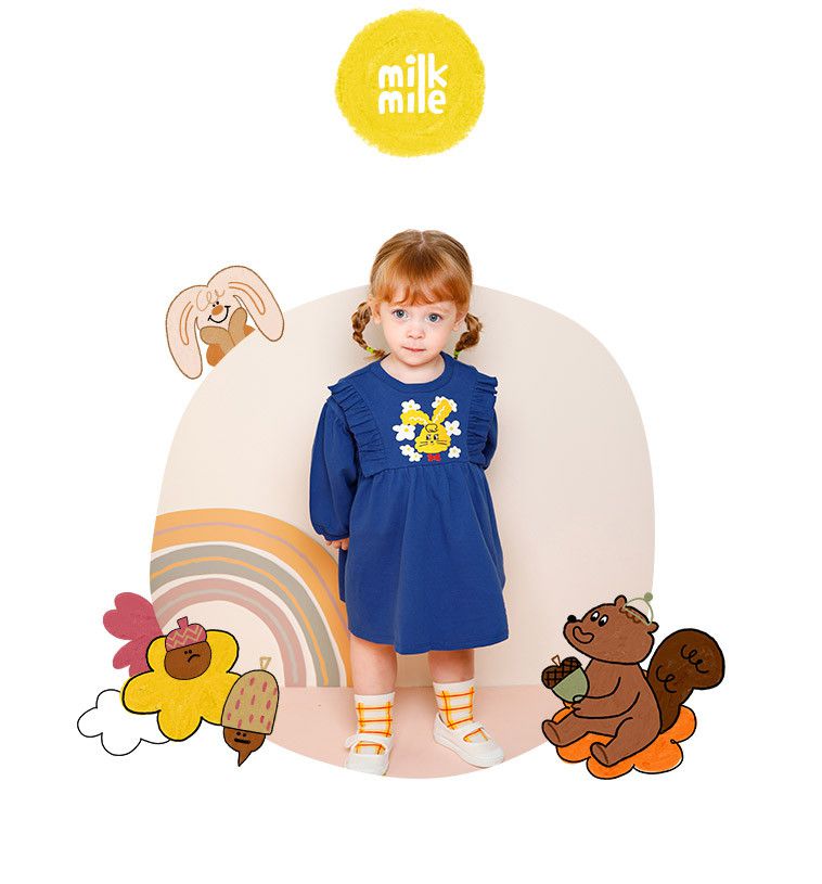 韓國 milk mile - 雛菊兔兔連身裙-深藍