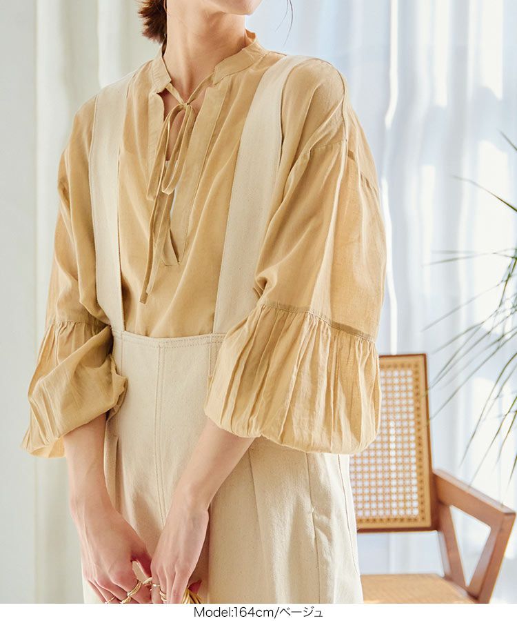 日本 Kobe Lettuce - 微透感文藝綁帶泡泡袖上衣-米白