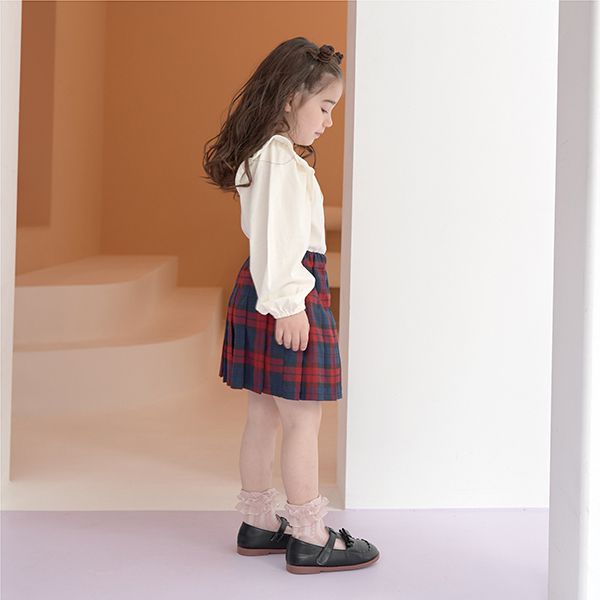 日本 Lycee mine - 閃耀印花肩部摺邊長袖上衣-草莓-象牙白