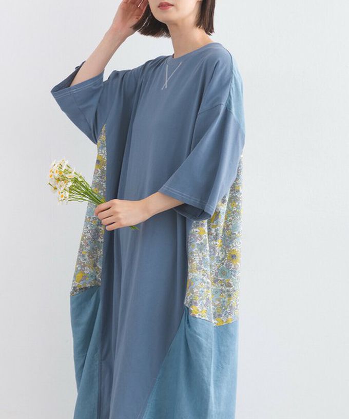 日本 Lupilien - 異素材花朵拼布清新五分袖洋裝-黑