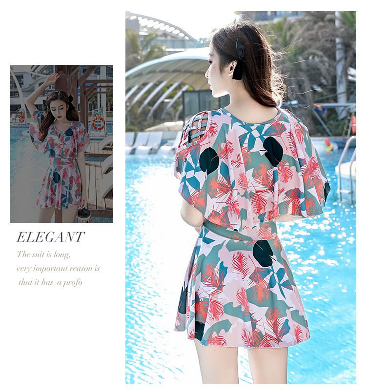 甜美修身顯瘦遮肉連身裙泳衣-潑墨幾何-藍色