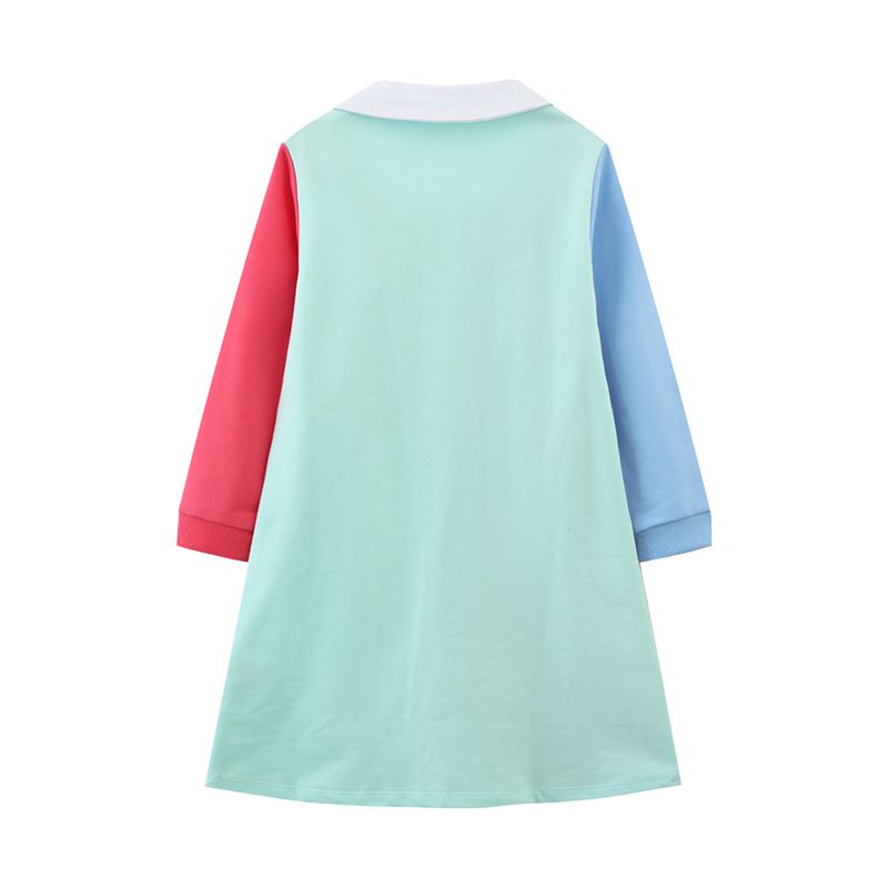 Jumping meters - 純棉翻領拼色長袖連身洋裝-兔子-粉+藍+紅+黃