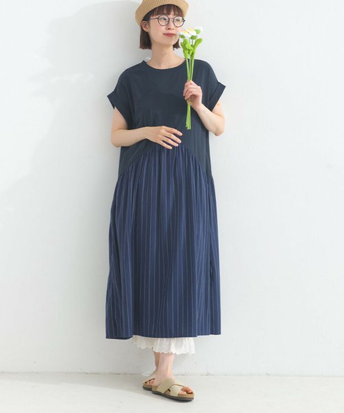 日本 Lupilien - [人氣款]亞麻混紡條紋拼接短袖洋裝-芥末黃