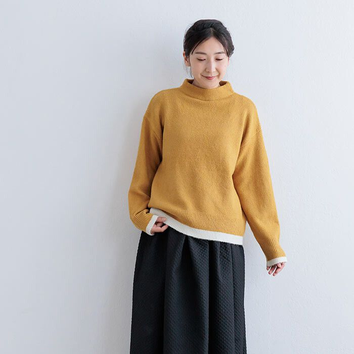 日本 ihuu - 下擺撞色立領針織毛衣-芥黃x杏