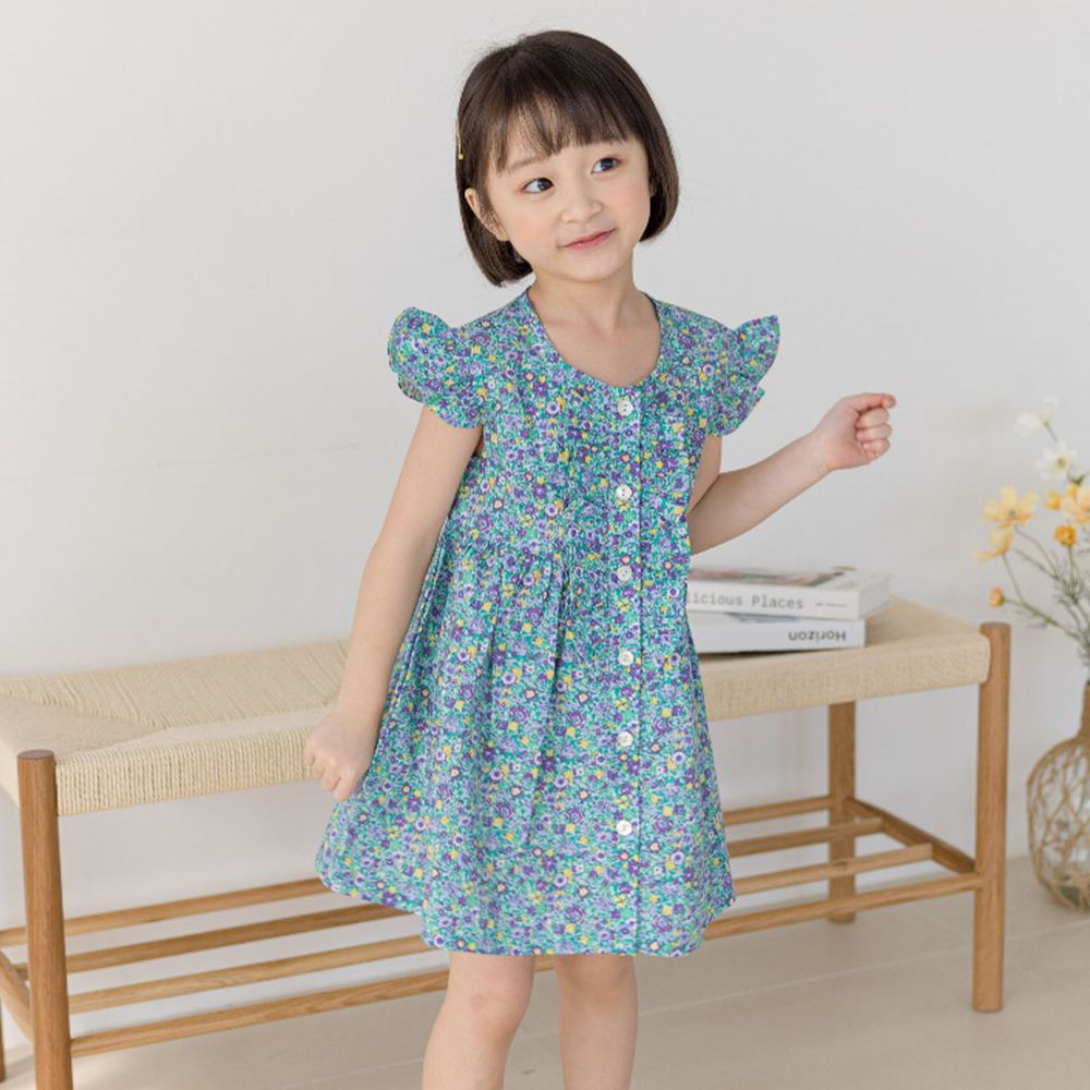 韓國 Orange Mom - 荷葉袖單排釦碎花洋裝-藍