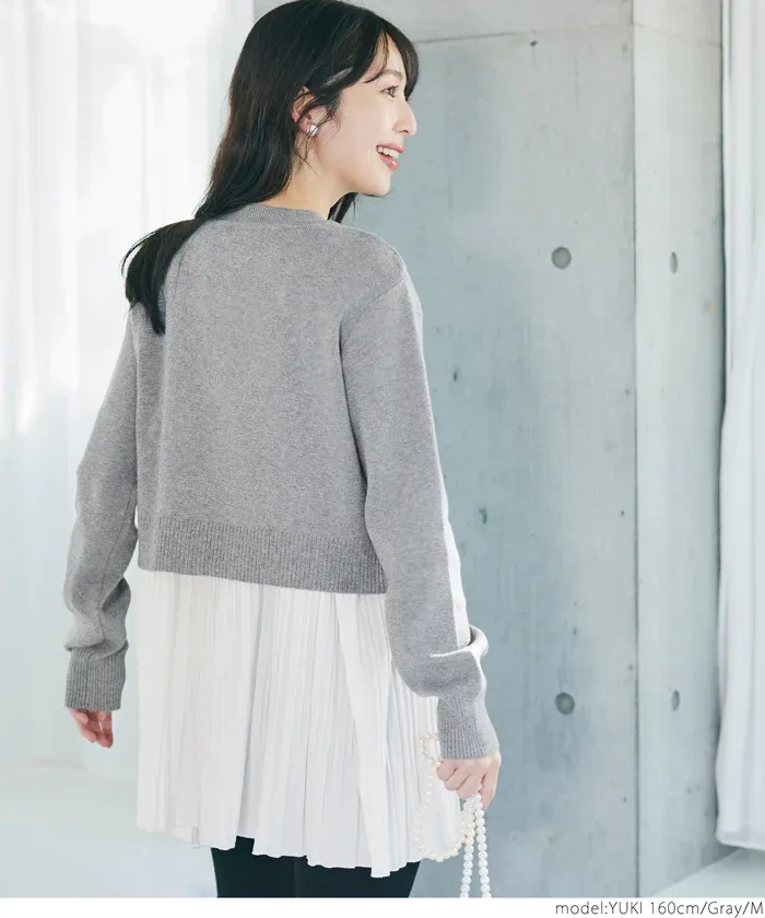 日本 COCA - 細摺拼接圓領針織長袖上衣-黑