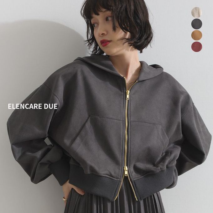 日本 ELENCARE DUE - 輕盈絨皮感雙拉鏈短版連帽外套-酒紅