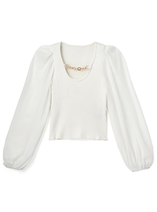 日本 GRL - 透膚薄紗拼接圓領金屬鏈長袖上衣-黑