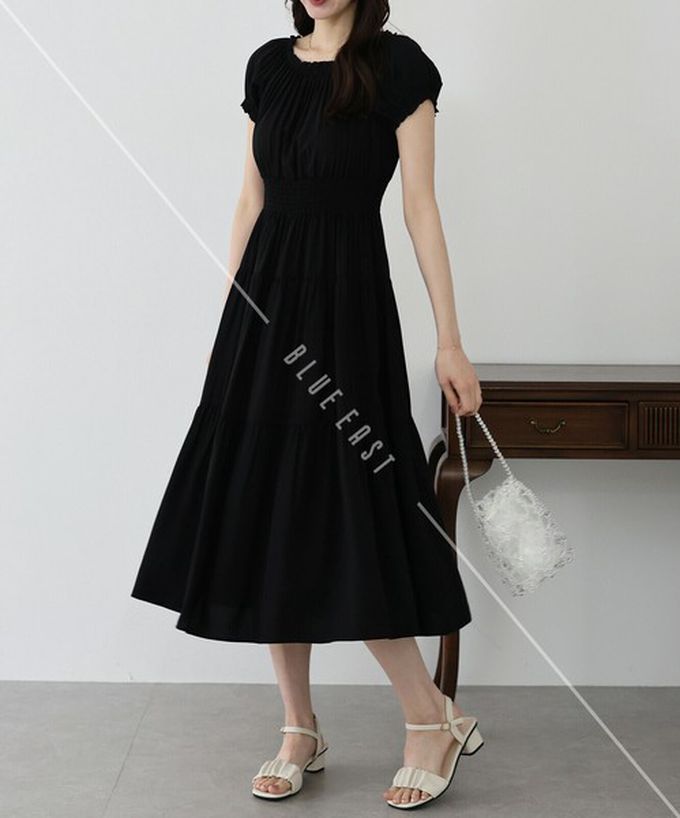 日本 BLUE EAST - 一字領2way露肩迷人短袖洋裝-典雅葉子-黑 (M)
