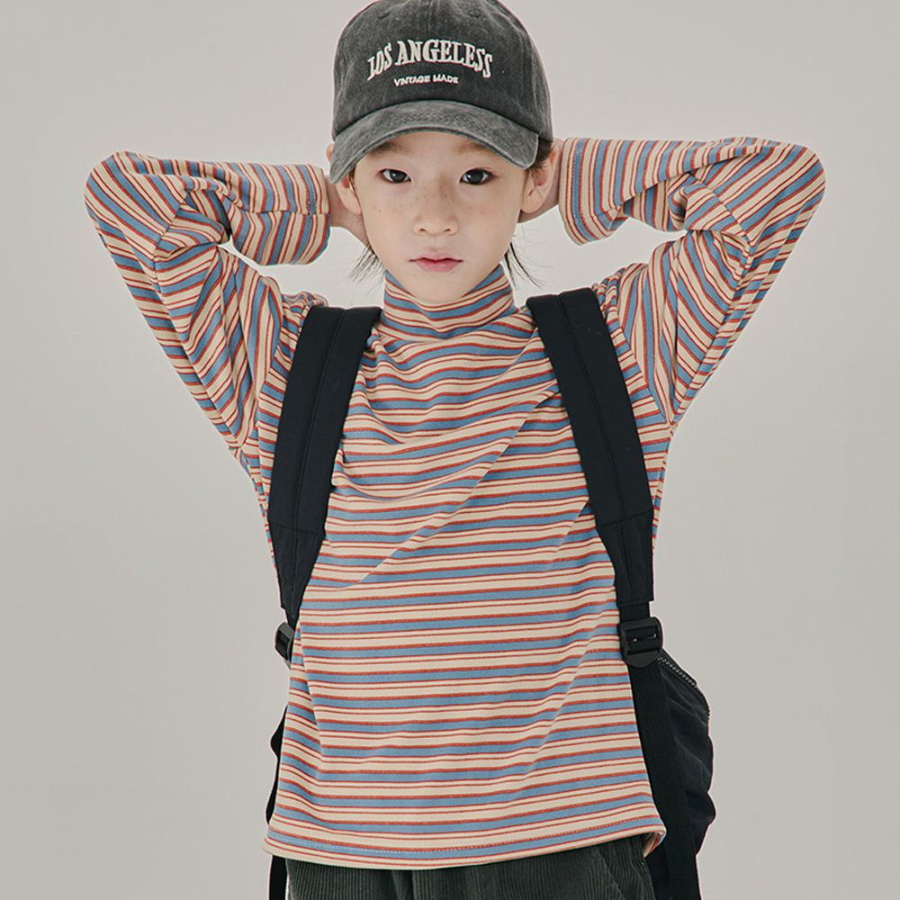 W.S.B. 條紋桃皮絨中領長袖上衣-藍X紅X卡其