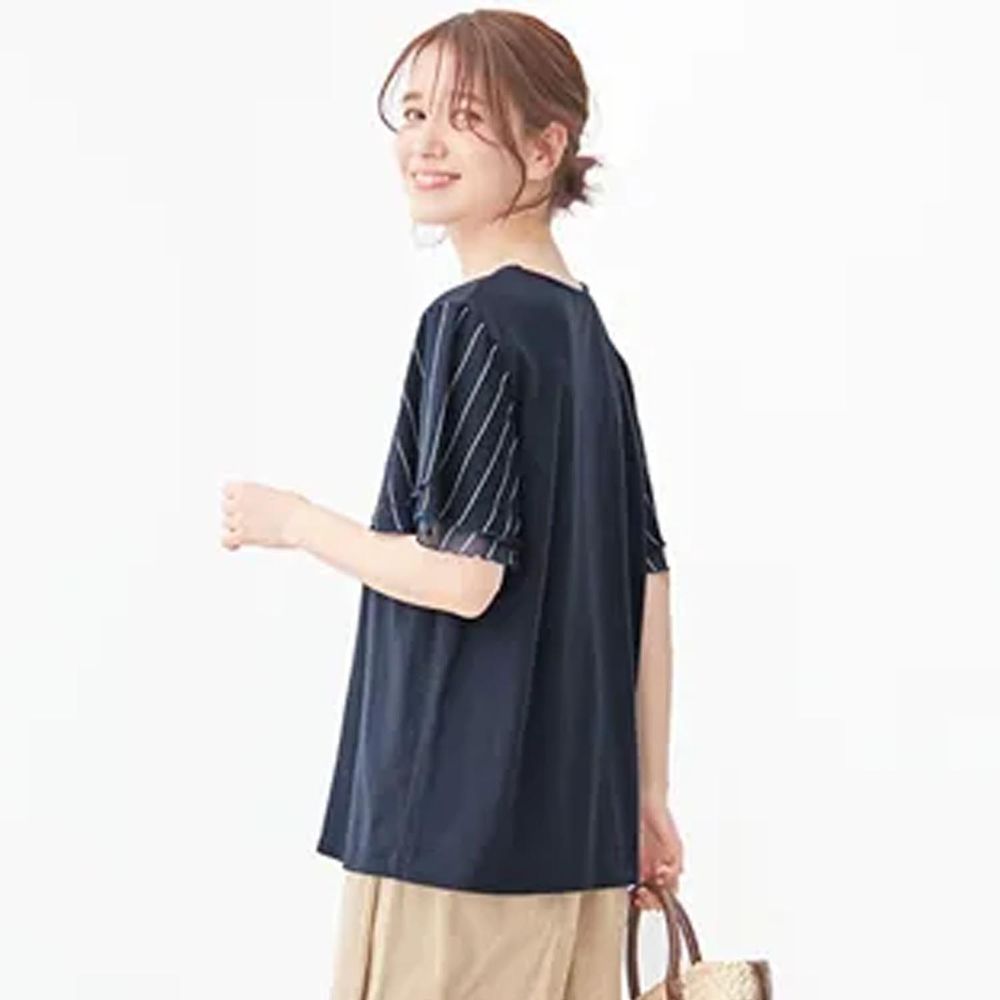 日本 BELLUNA - 接觸涼感 五機能雙層荷葉袖短袖上衣-深藍條紋