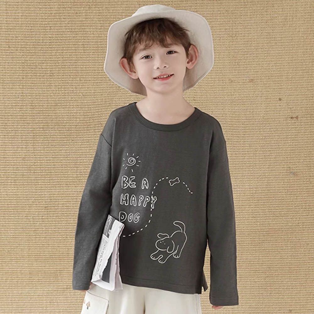 純棉竹節紋圓領落肩長袖上衣-繪畫印花-深灰