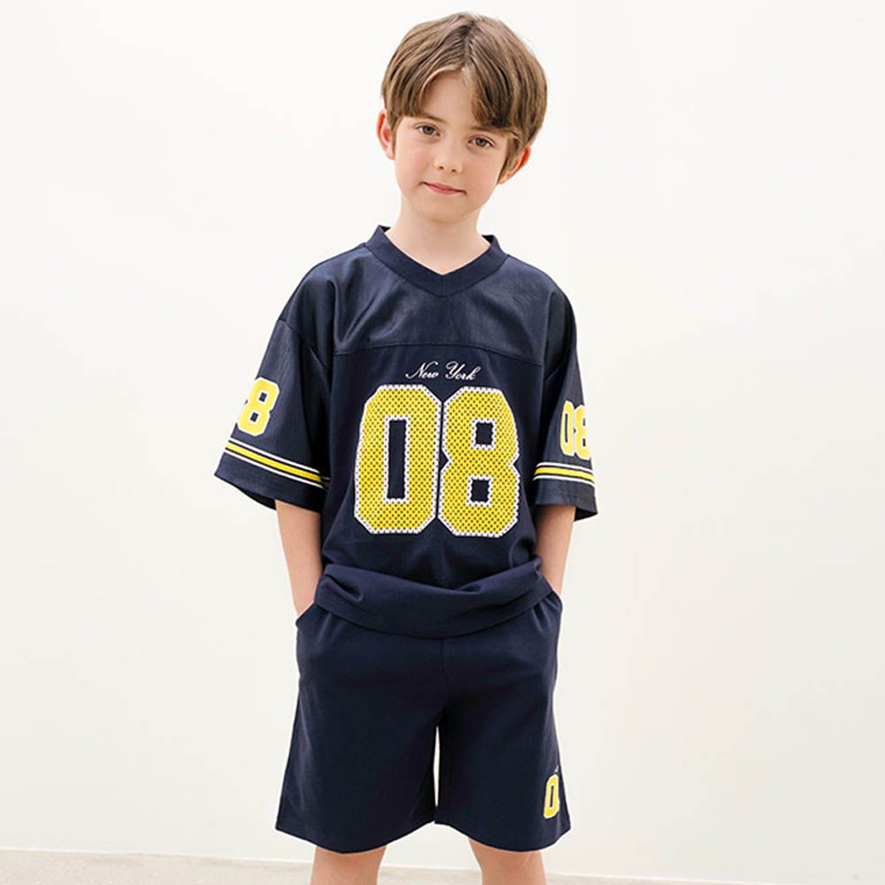 光澤運動風V領短袖上衣X短褲套裝-黑藍