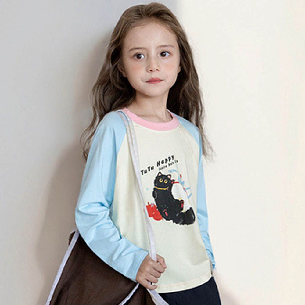 撞色圓領落肩長袖上衣-萌萌貓咪-藍色拼袖