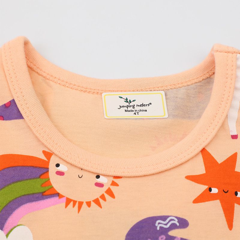 Jumping meters - 棉質圓領短袖洋裝-雲朵獨角獸世界-粉橘色