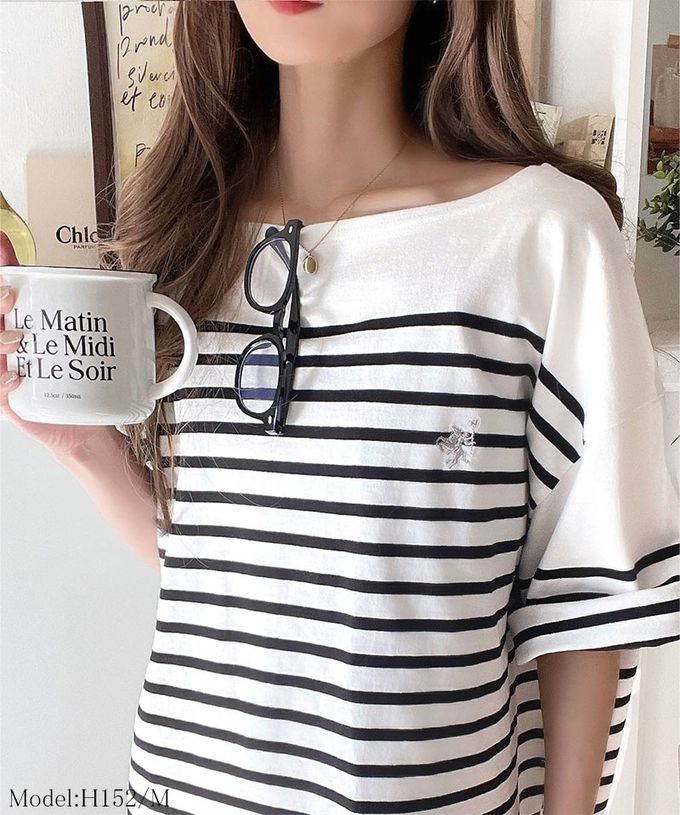 日本 Classical Elf - 混有機棉休閒條紋五分袖上衣-卡其x白