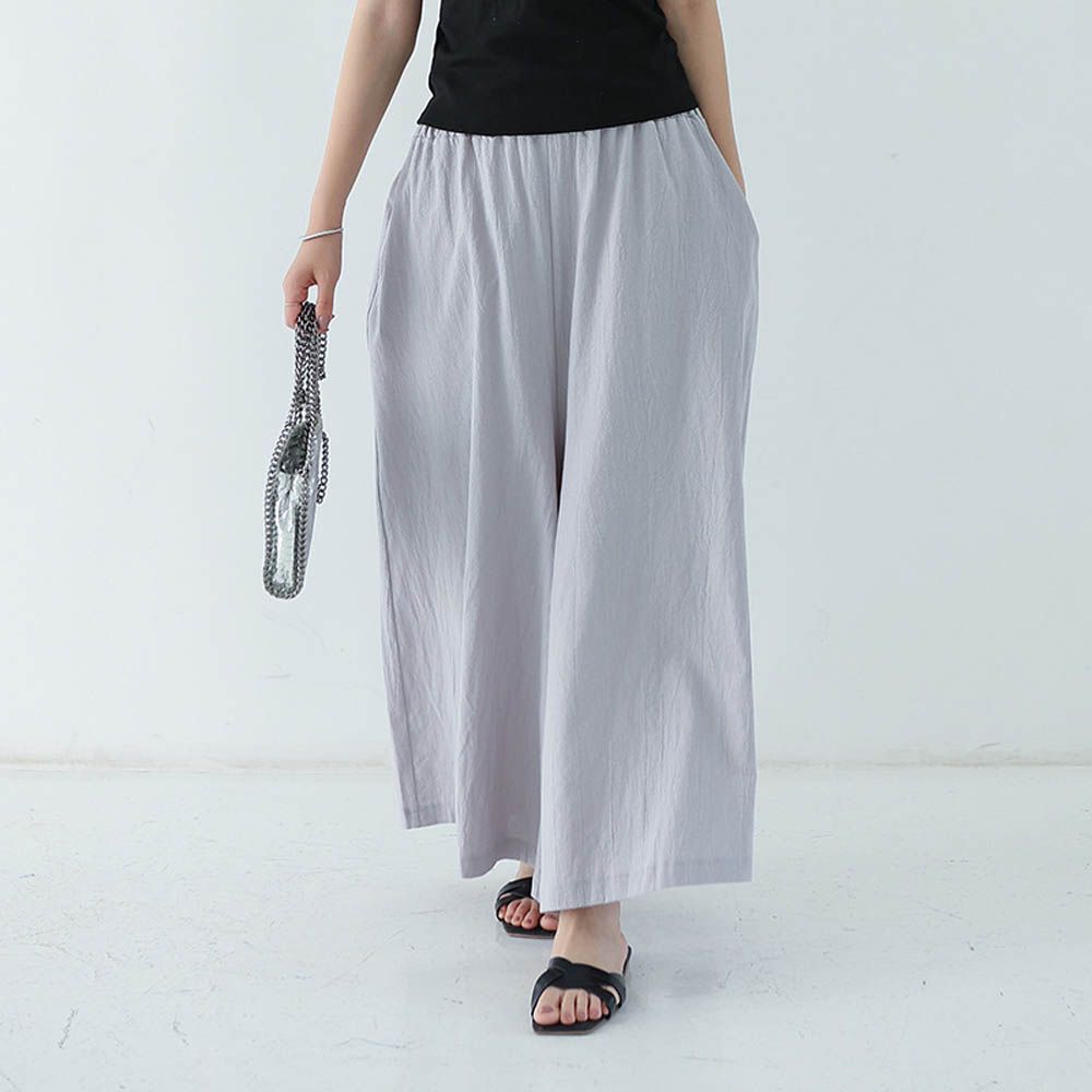 腰鬆緊百搭舒適寬褲-淺灰色