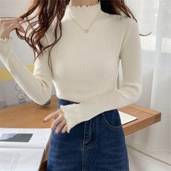 日本 GRL - 甜美木耳立領羅紋長袖上衣-象牙