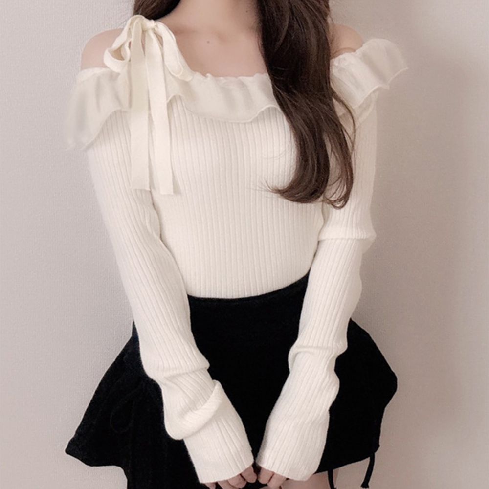 歐根紗荷葉露肩領羅紋長袖上衣-象牙 (F)