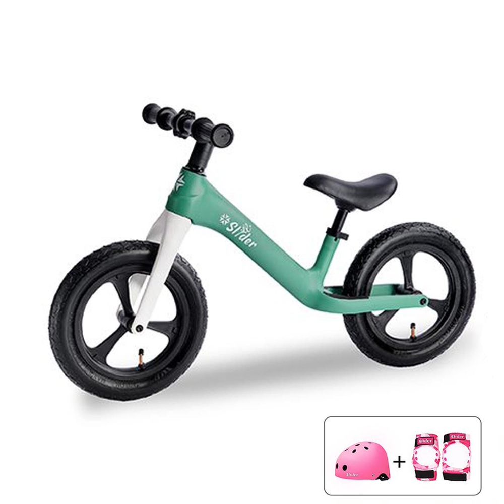 Slider 滑來滑趣 - 兒童滑步車+頭盔護具組-P668-蘇打汽水 綠+粉色配件組