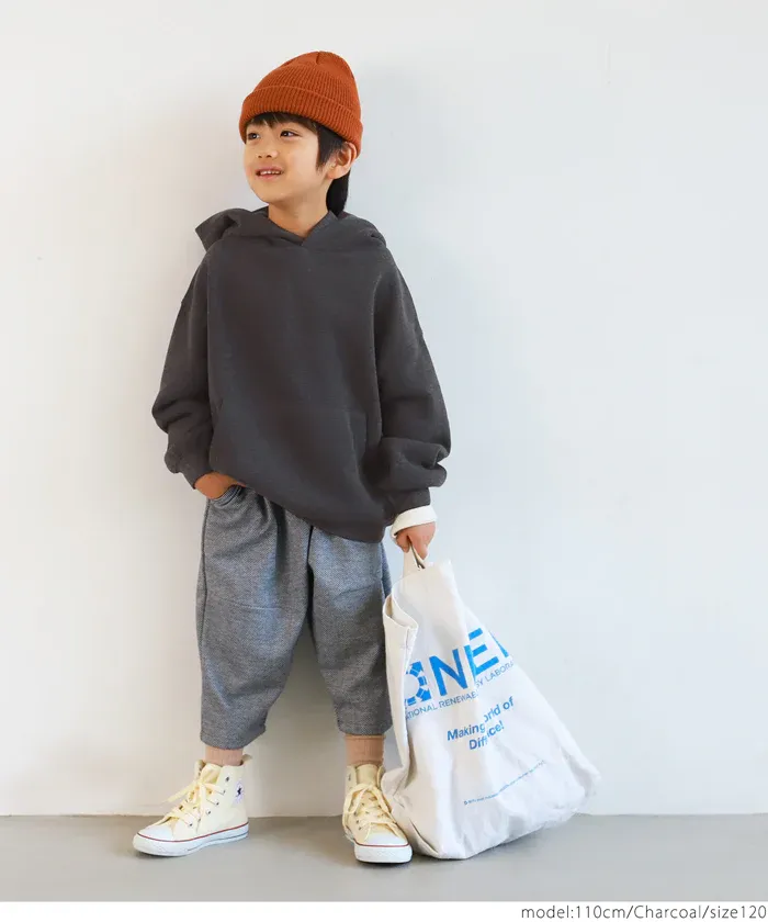 日本 COCA - fleece刷毛輕量寬鬆抽繩帽T-孩子-簡約黑