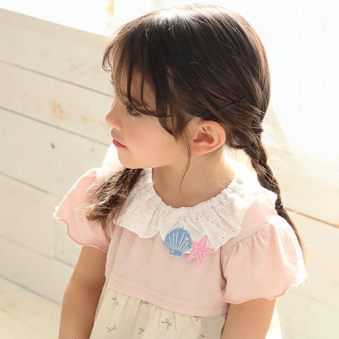 日本 ZOOLAND - 貝殼蕾絲領緹花短袖上衣-蝴蝶結印花-粉紅