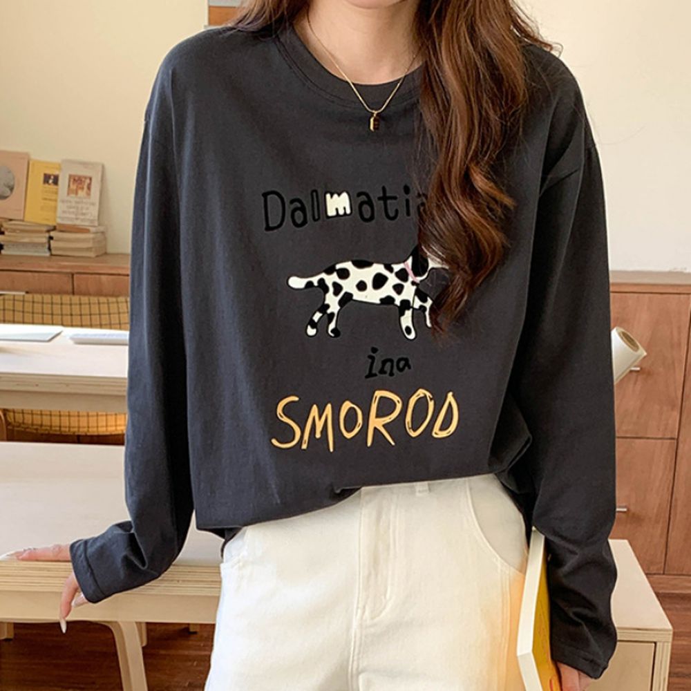 童趣斑點狗狗印花長袖上衣-黑灰 (F)