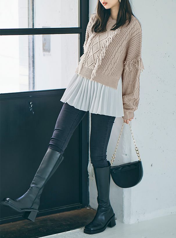 日本 GRL - 流蘇針織上衣X雪紡內搭背心兩件組-焦糖