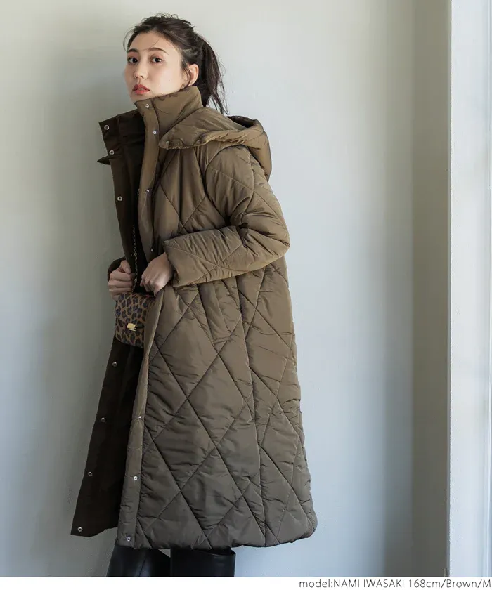 日本 COCA - 俐落長版絎縫鋪棉保暖外套(帽可拆)-咖啡