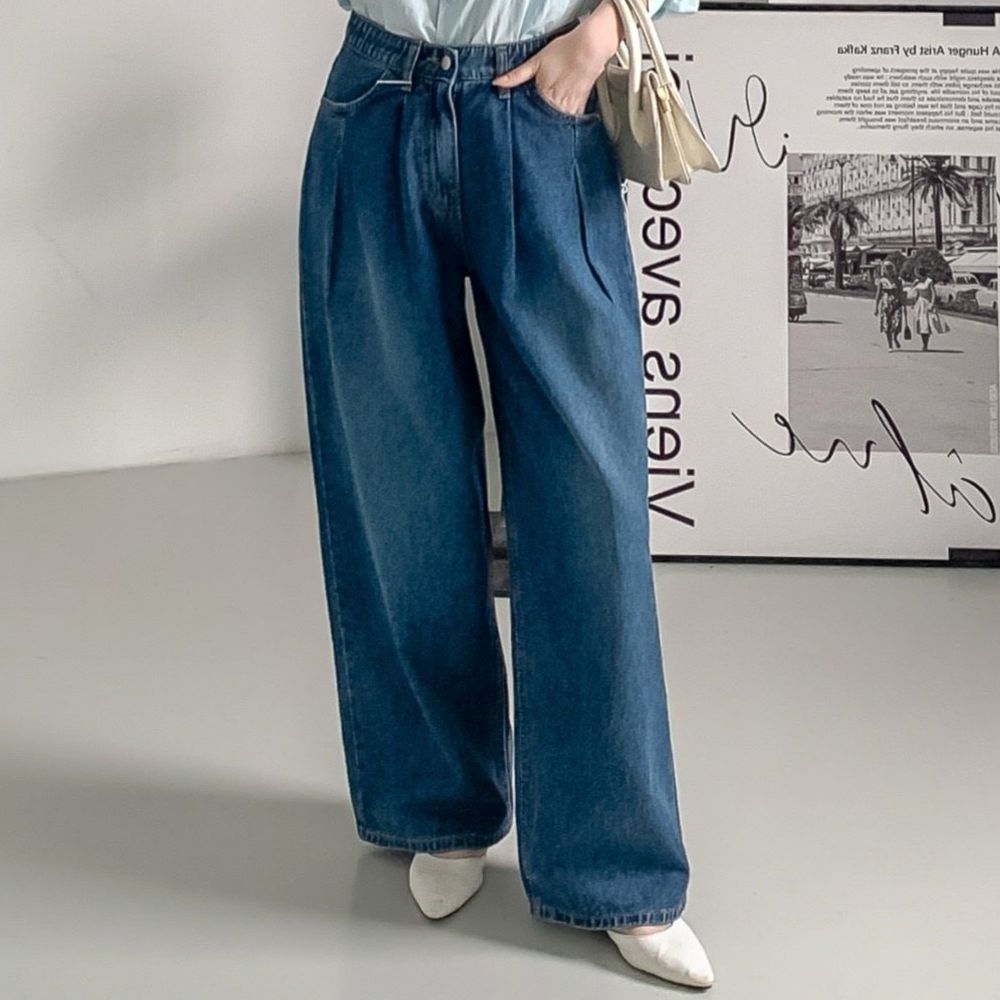 EDITION 彈性腰抓褶風格垂墜寬鬆丹寧褲-深藍