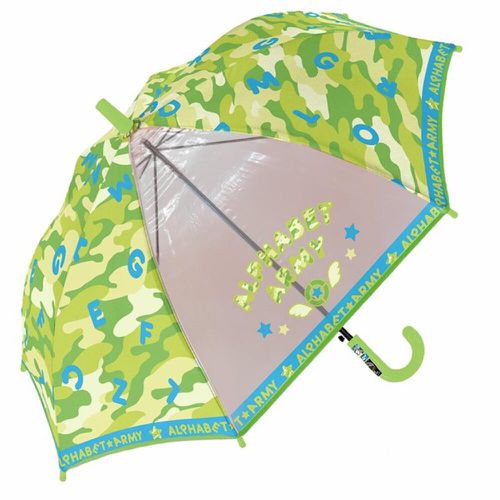 日本中谷 - 童趣透明窗親骨耐風兒童直傘-英文迷彩-綠 (50cm)