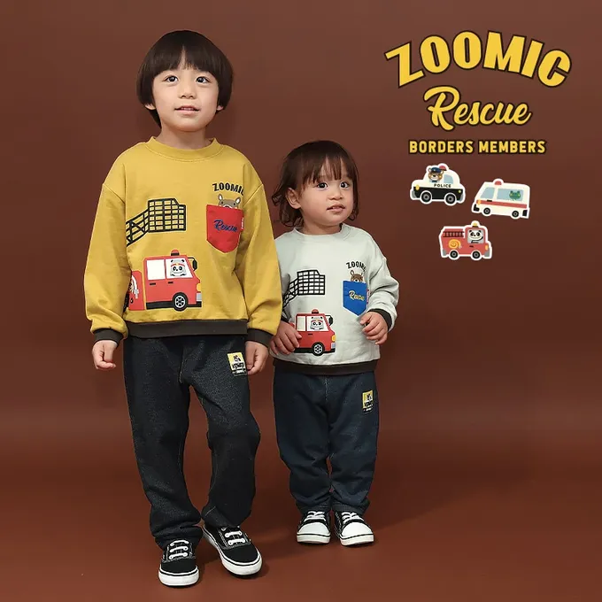 日本 ZOOLAND - 熊熊救援隊 警車標籤舒適牛仔長褲-熊熊口袋-黑