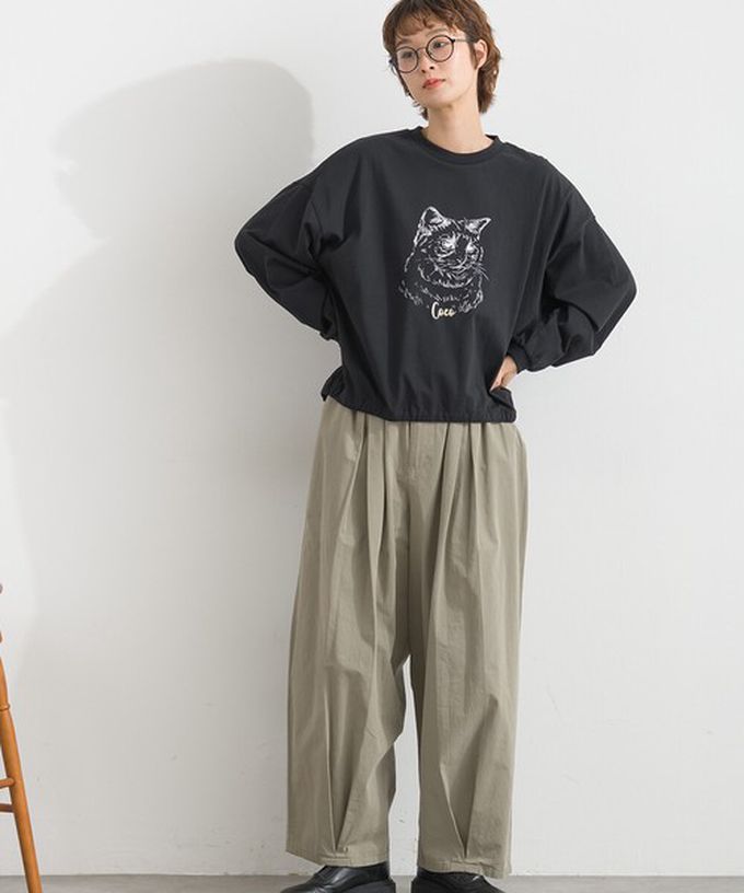 日本 Lupilien - 16支天竺棉休閒長袖上衣-貓咪素描-黑