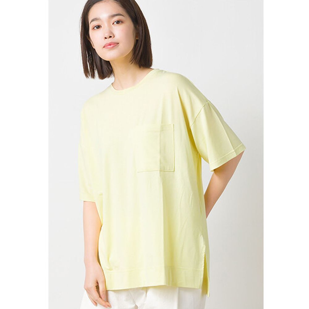 日本 OMNES - 涼感抗UV 前短後長口袋短袖上衣-黃