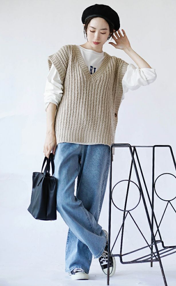 日本 zootie - V領畝編針織背心-灰卡其